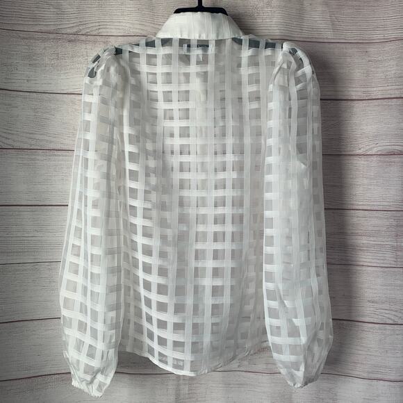Polagram White Lattice Button Down Blouse Long Sleeve Pouf Shoulders Size Small - Picture 6 of 14